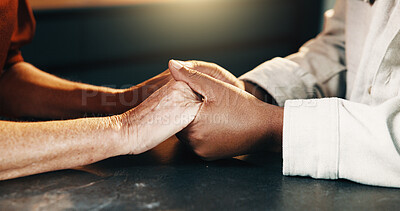 Buy stock photo Holding hands, support and couple in home with comfort. bonding and love in marriage on weekend. Commitment, solidarity and man with woman for connection. loyalty and trust in relationship at house.
