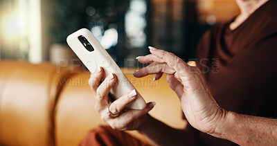 Buy stock photo Typing, message and hands with phone in home, texting and communication with contact on social media. Networking, online and person with mobile, chatting and browsing with internet in living room