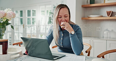 Buy stock photo Woman, apple and remote work in home with laptop, documents and reading financial administration. Freelance, administrator and person eating fruit in house with computer, finance paperwork or review.