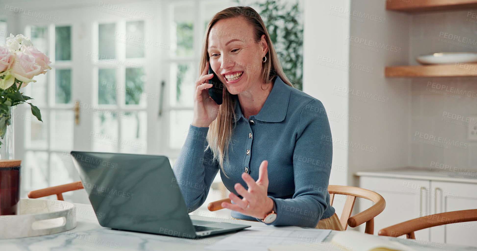 Buy stock photo Woman, smile and laptop in home with phone call, remote work or good news for finance administration. Happy, freelancer or person in house with computer, contact or feedback for financial management.