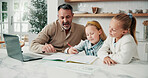 Homework, father or children in house with help, education guidance or knowledge in childcare. Learning, bonding and family with laptop, parent support or happy connection in childhood development.