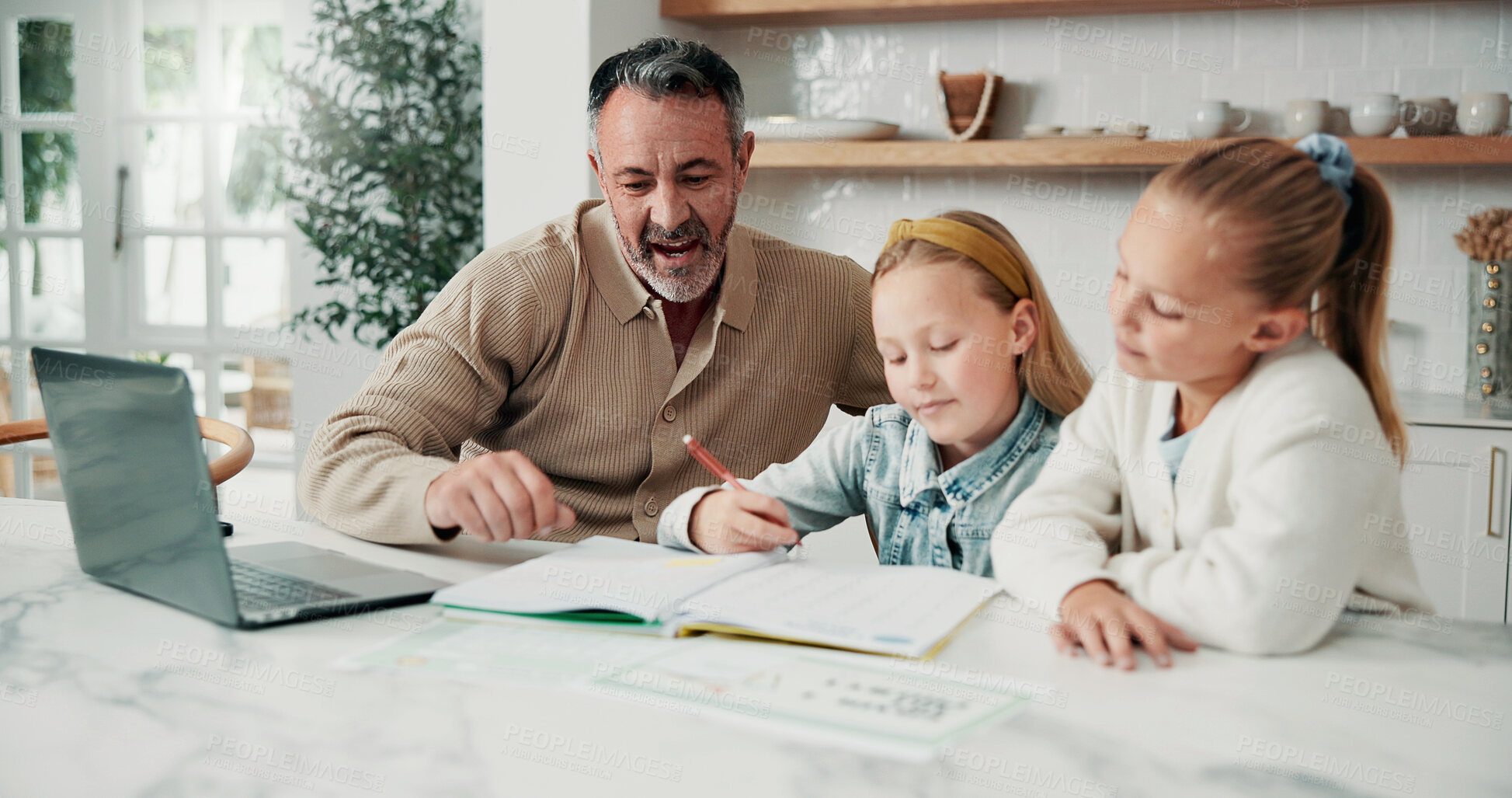 Buy stock photo Homework, father or children in house with help, education guidance or knowledge in childcare. Learning, bonding and family with laptop, parent support or happy connection in childhood development.