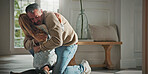 Father, daughter and hug in home with reunion, bonding together and family connection on weekend. Man, child and embrace by house entrance with reconciliation, wellness and affection from parent.