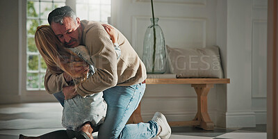 Buy stock photo Father, daughter and hug in home with reunion, bonding together and family connection on weekend. Man, child and embrace by house entrance with reconciliation, wellness and affection from parent.