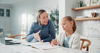 Buy stock photo Home, mom or kid with learning difficulty, help and support for development with book. Mother, teaching or sad girl with dyslexia in homeschool for academic struggle, knowledge or education challenge