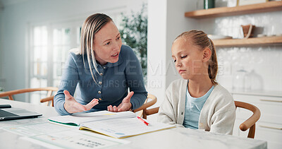 Buy stock photo Home, mother or child with learning disability, help and support for development with book. Frustrated mom, teaching or girl with ADHD in homeschool for academic struggle, difficulty or education