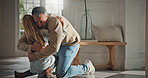 Dad, child and hug in house with reunion, bonding together and family connection on weekend break. Man, daughter and embrace by home entrance with reconciliation, wellness and affection from father.