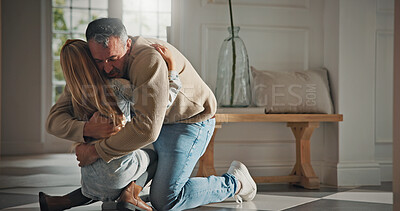 Buy stock photo Dad, child and hug in house with reunion, bonding together and family connection on weekend break. Man, daughter and embrace by home entrance with reconciliation, wellness and affection from father.