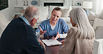 Paperwork, talking and nurse with senior couple for health insurance, medical aid and consulting. Documents, retirement and woman with people for application form, healthcare plan and advice in home
