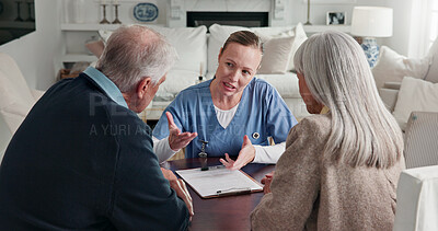 Buy stock photo Paperwork, talking and nurse with senior couple for health insurance, medical aid and consulting. Documents, retirement and woman with people for application form, healthcare plan and advice in home