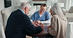Caregiver, old couple and writing in home with document, form and signature for medical consent. Smile, nurse and senior people at house with contract, application and agreement for health insurance