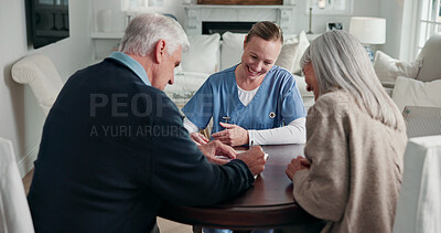Buy stock photo Caregiver, old couple and writing in home with document, form and signature for medical consent. Smile, nurse and senior people at house with contract, application and agreement for health insurance