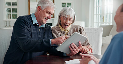 Buy stock photo Caregiver, old couple and reading in home with tablet, form and report for medical results. Nurse, senior people and good news in lounge with digital, application and information for health insurance