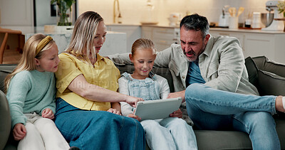 Buy stock photo Game, help or family on sofa with tablet, bonding moment or learning in fun activity. Support, parents or children in home with tech, problem solving together or digital puzzle in loving connection.