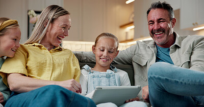 Buy stock photo Game, smile or family in living room with tablet, happy moment or help with online activity. Support, parents or children in house with tech, playing together or digital puzzle in loving connection.