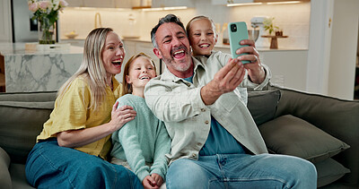 Buy stock photo Happy, family and selfie with children in home for bonding, memory or capture moment together. Dad, mom or kids with smile on sofa for holiday picture, photography or social media post in house