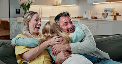 Buy stock photo Happy, parents and child in home with hug, support and family bonding together on weekend break. People, mother and father smile in living room with daughter, connection and embrace for affection.