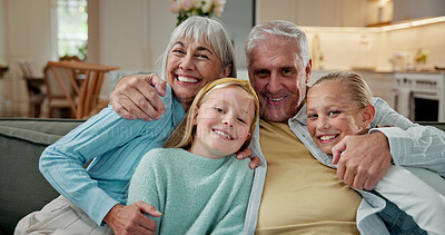 Buy stock photo Support, grandparents or girls in house with portrait, childcare or bonding on weekend break. Smile, senior people or grandkids with embrace, happy moment or family connection in caring relationship.