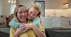 Hug, smile and portrait of mother with child in home for bonding, love and trust on weekend together. Happy, connection and mom embracing girl kid in living room for relax, safety and family in house