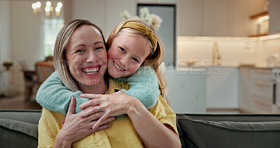 Buy stock photo Hug, smile and portrait of mother with child in home for bonding, love and trust on weekend together. Happy, connection and mom embracing girl kid in living room for relax, safety and family in house