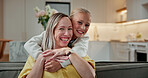 Hug, happy and portrait of mom with child in home for bonding, love and trust on weekend together. Smile, connection and mother embracing girl kid in living room for relax, safety and family in house