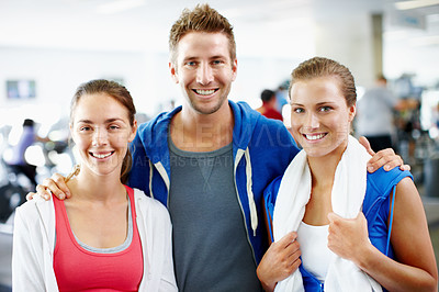 Buy stock photo Portrait of a group of young friends at the gym