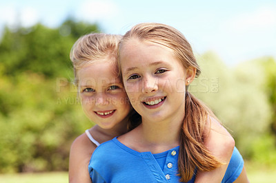 Buy stock photo Portrait, kids and sisters outdoor with hug, family connection and bonding together on weekend break. Summer, happy children play and siblings embrace with support, wellness and care for friendship.