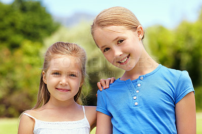 Buy stock photo Children, siblings and happy in portrait at park for weekend outing, bonding together and trust. Family love, girls and relax in nature for holiday break, healthy relationship and sister connection