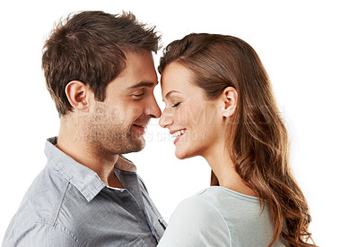 Buy stock photo Happy couple, laugh and love with connection in studio with partnership, joke and bonding on white background. People, embrace and smile for loyalty, trust or profile with funny story in relationship