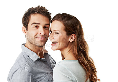 Buy stock photo Couple, love and confident in studio, laugh and bonding with partner, portrait and romance on break. White background, lovers and happy people with commitment for relationship, connection and loyalty