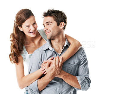 Buy stock photo Happy, hug and couple in studio with bonding, connection or commitment in marriage. Smile, trust and woman embracing man for safety, love and care in relationship on white background by space.