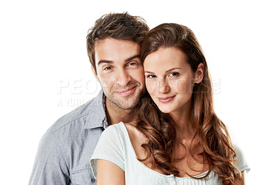 Buy stock photo Couple, portrait and smile in studio, together and bonding with partner, love or connection on break. White background, lovers and happy people with commitment for relationship, support and loyalty