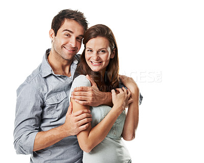 Buy stock photo Couple, portrait and bonding in studio, hug and smile with partner, support and connection on break. White background, space and happy people with commitment for relationship, embrace and romance