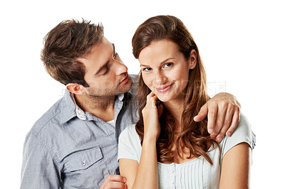 Buy stock photo Happy, love and couple in studio with bonding, connection and commitment in marriage together. Smile, pride and portrait of man with woman with trust, care and safety for peace on white background.