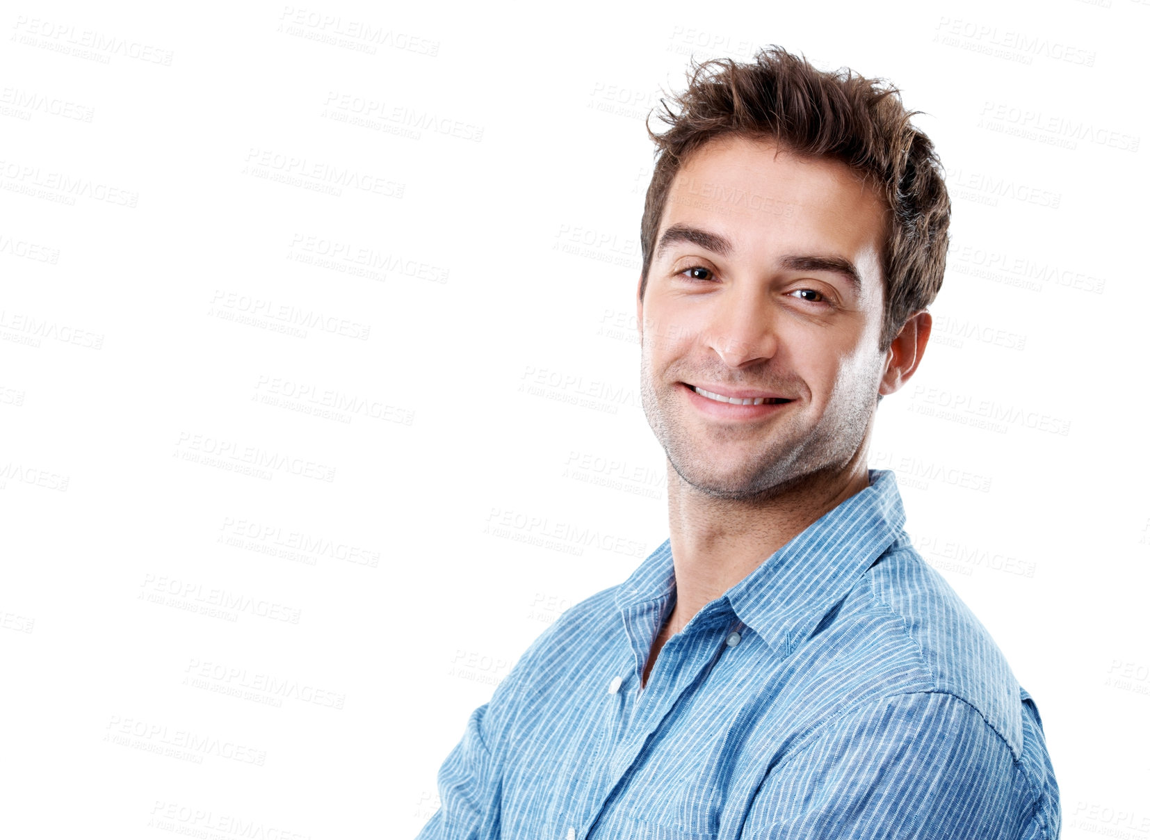 Buy stock photo Smile, space and portrait of businessman in studio with confidence for creative career. Happy, job opportunity and male designer with pride for startup about us on white background in London.