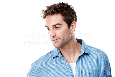 Buy stock photo Man, insight and thinking in studio with decision, mock up space and remember on white background. Person, smile and perspective with memory, vision and inspiration with reflection for nostalgia