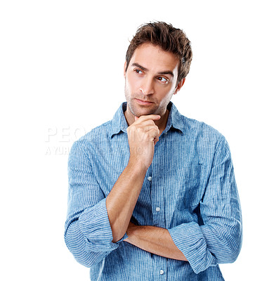 Buy stock photo Thinking, unsure and man in studio with reflection, thoughtful and idea for problem solving. Space, brainstorming and person with wondering, decision and remember for choice on white background
