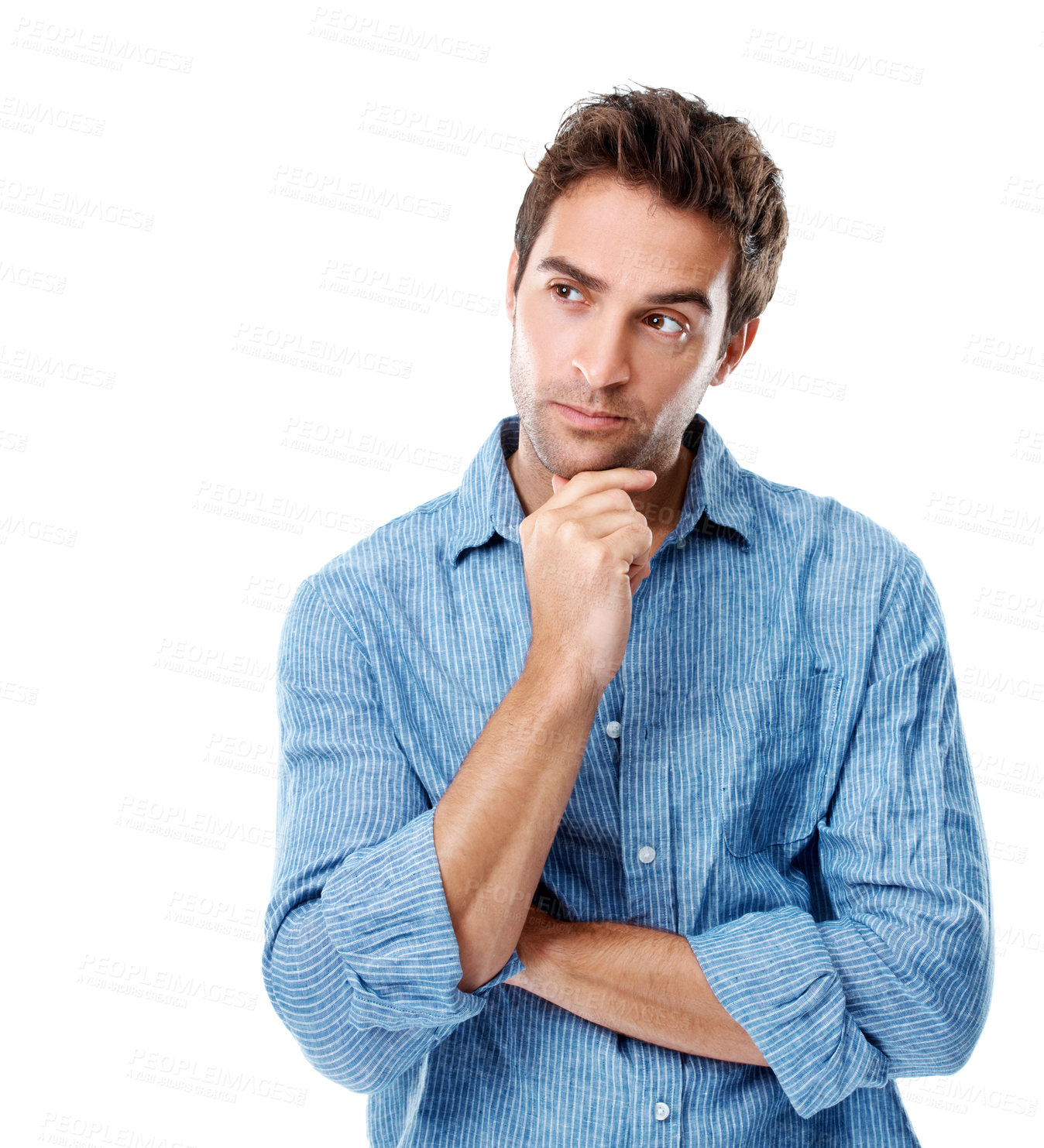 Buy stock photo Thinking, unsure and man in studio with reflection, thoughtful and idea for problem solving. Space, brainstorming and person with wondering, decision and remember for choice on white background