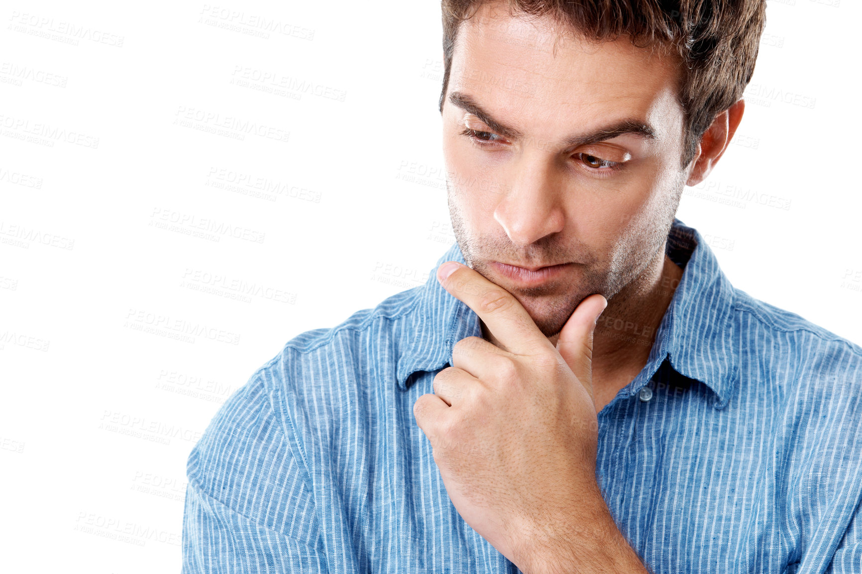 Buy stock photo Confused, space and man in studio for thinking, thoughtful and idea for problem solving. Planning, brainstorming and person with wondering, decision and remember for choice on white background