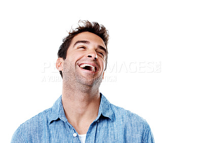 Buy stock photo Laughing, humor or studio with happy man for funny joke or comedy on a white background. Male person, comedian or smile with laughter for silly moment, goofy act or entertainment show on space