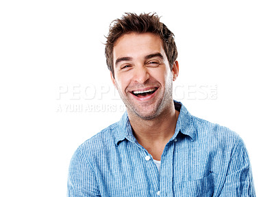 Buy stock photo Laugh, professional and portrait of man in studio with confidence for creative career with growth. Happy, job opportunity and male designer with pride for startup about us on white background.