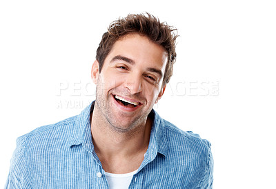 Buy stock photo Laugh, about us and portrait of man in studio with confidence for creative career with growth. Happy, entrepreneur and male designer with pride for job opportunity at startup on white background.