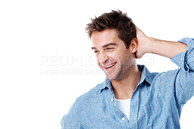 Buy stock photo Thinking, studio and happy man with space for nostalgia, memory or past moment on a white background. Thoughtful, male person or contemplating with doubt or guess for reminder, forget or remember