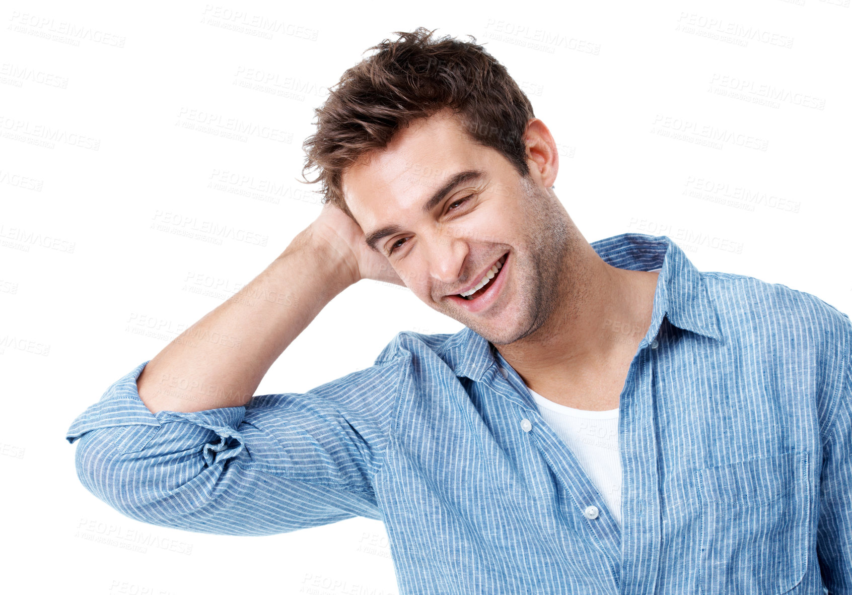 Buy stock photo Thinking, studio and happy man with reminder for nostalgia, memory or past moment on a white background. Thoughtful, male person or contemplating with smile or guess for forgetfulness or remember