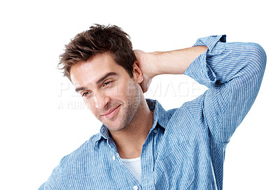 Buy stock photo Thinking, smile and vision with man in studio for brainstorming, confused and reflection. Perspective, mindset and problem solving with person on white background for future, insight and wondering