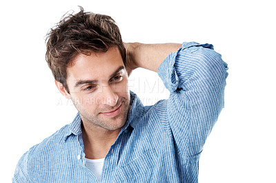 Buy stock photo Thinking, idea and vision with man in studio for brainstorming, confused and reflection. Perspective, mindset and problem solving with person on white background for future, insight and wondering