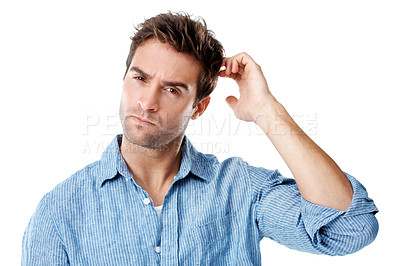 Buy stock photo Thinking, confused and portrait of man in studio with problem solving or decision for creative career. Unsure, brainstorming and designer with choice or doubt for job opportunity on white background.