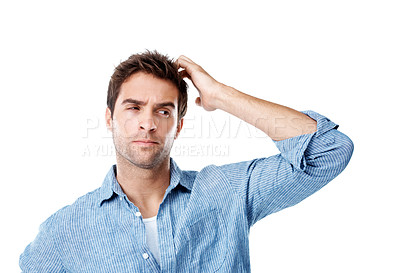 Buy stock photo Thinking, question and man in studio with problem solving or decision for creative career. Unsure, brainstorming and designer with choice or doubt for job opportunity on white background by space.