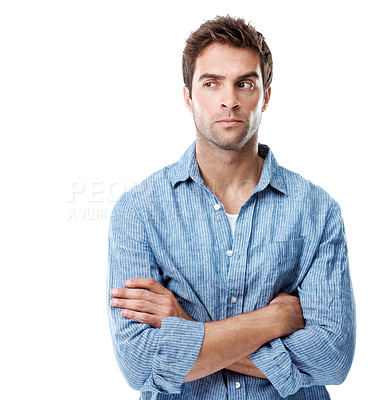 Buy stock photo Doubt, man and suspicious with arms crossed in studio for fake news, deception and distrust. Space, serious person and skeptical on white background for secret intention, false story or contemplating