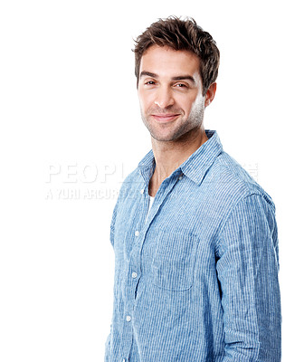 Buy stock photo Smile, fashion and portrait of man in studio for confidence, casual style and positive attitude. Pride, space and trendy clothes with male person on white background for cool and designer shirt